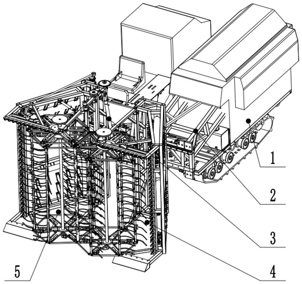 Wide foldable rape cutter-rower based on crawler-type power chassis