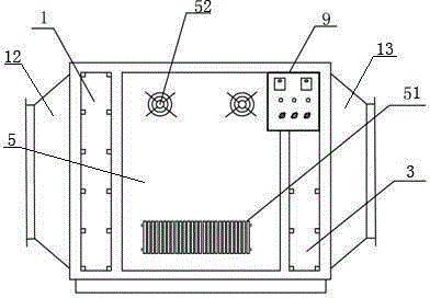 Photolytic catalytic purification device and corresponding process for treating pharmaceutical waste gas