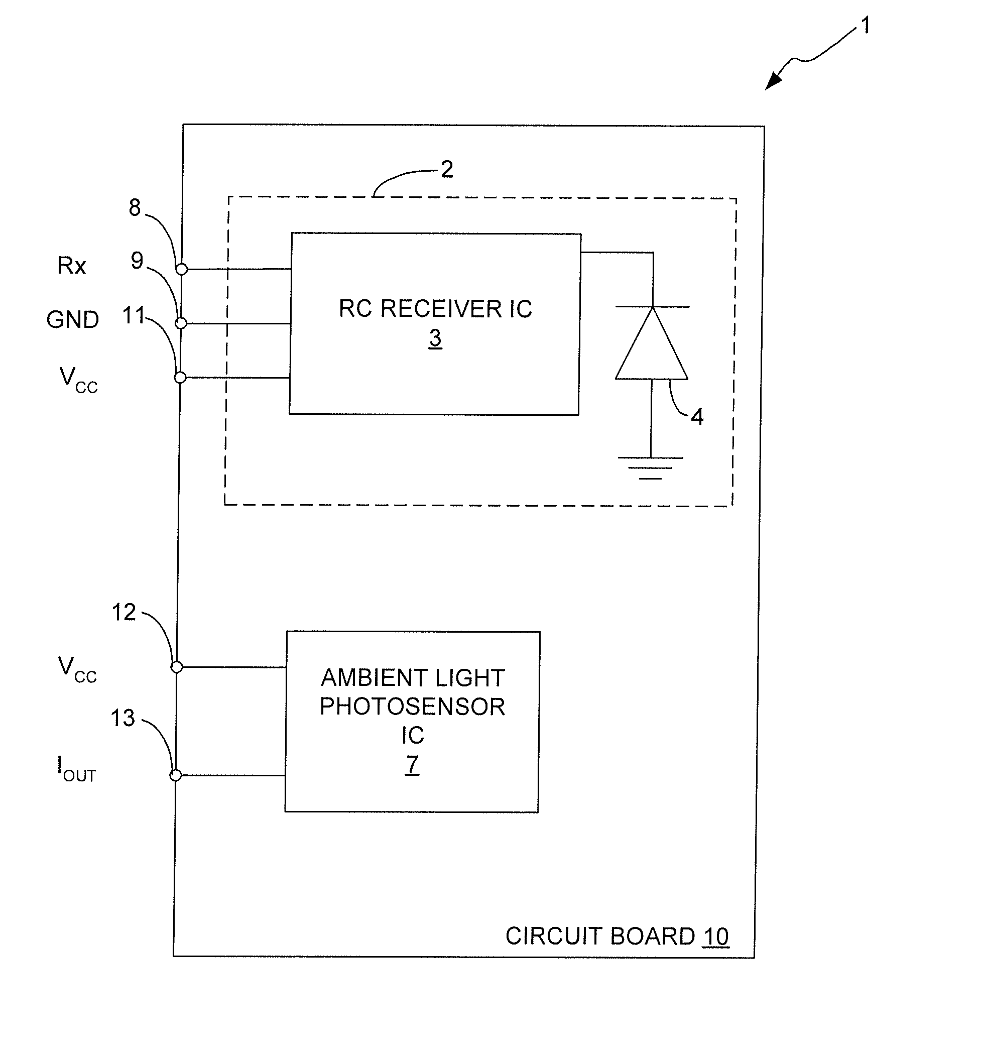 Remote control receiver device and ambient light photosensor device incorporated into a single composite assembly