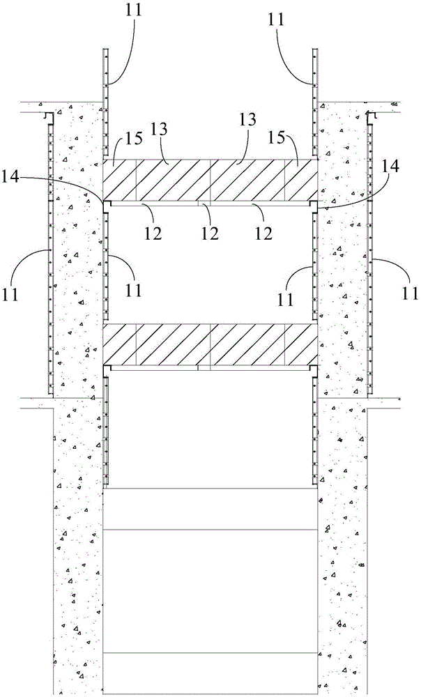 Construction method for pouring forming of inner partition beams in elevator well