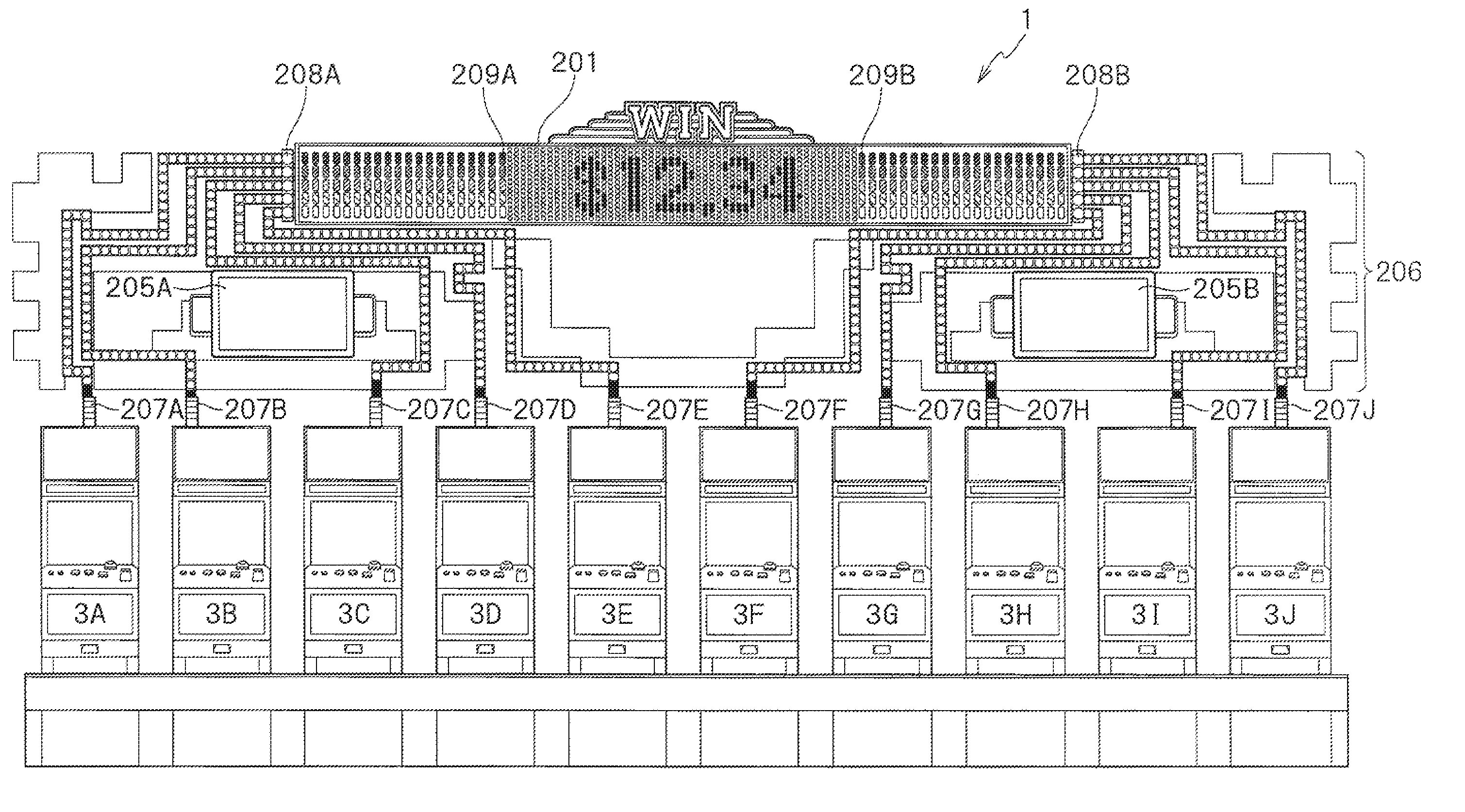 Gaming machine having a plurality of terminals and playing method thereof