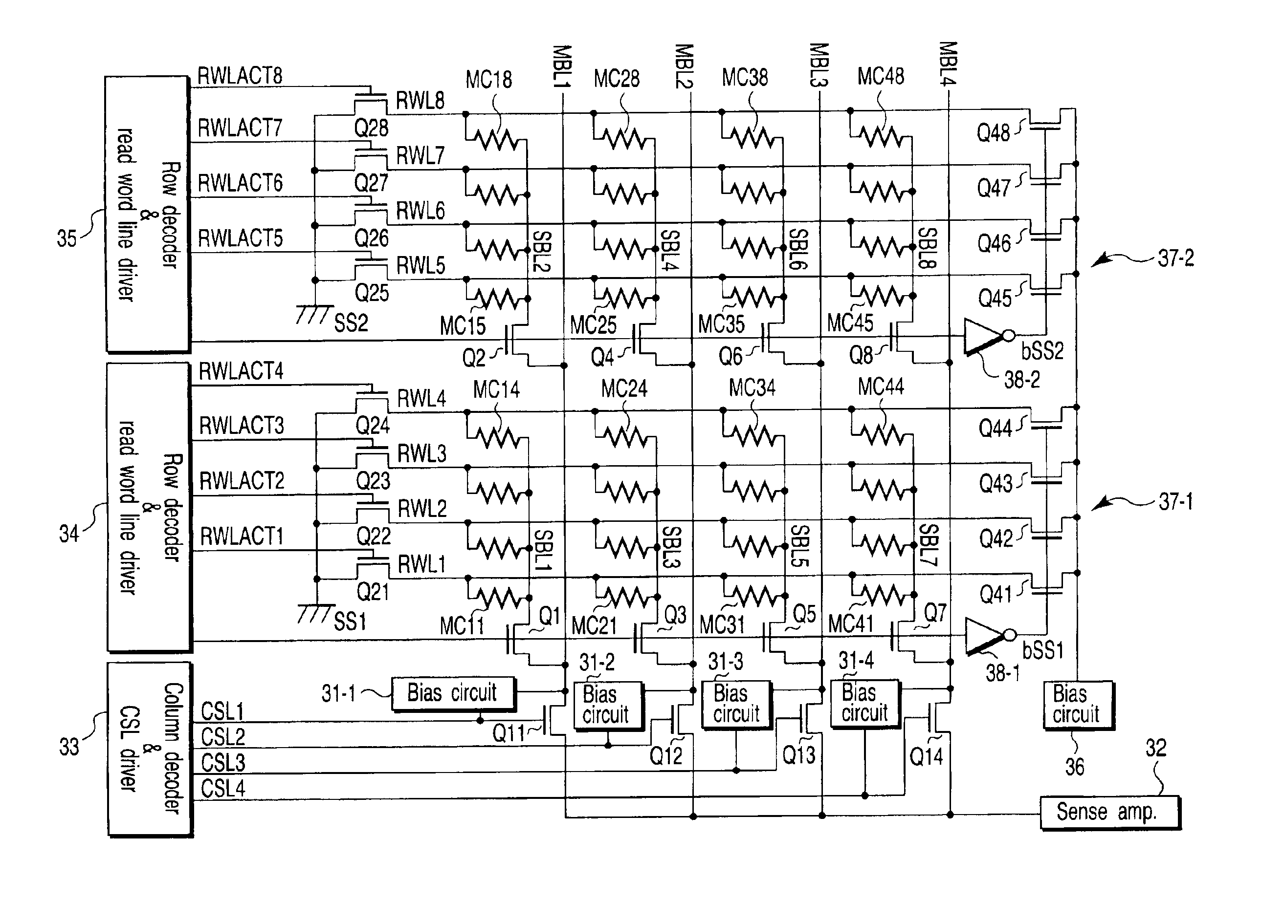 MRAM having memory cell array in which cross-point memory cells are arranged by hierarchical bit line scheme and data read method thereof