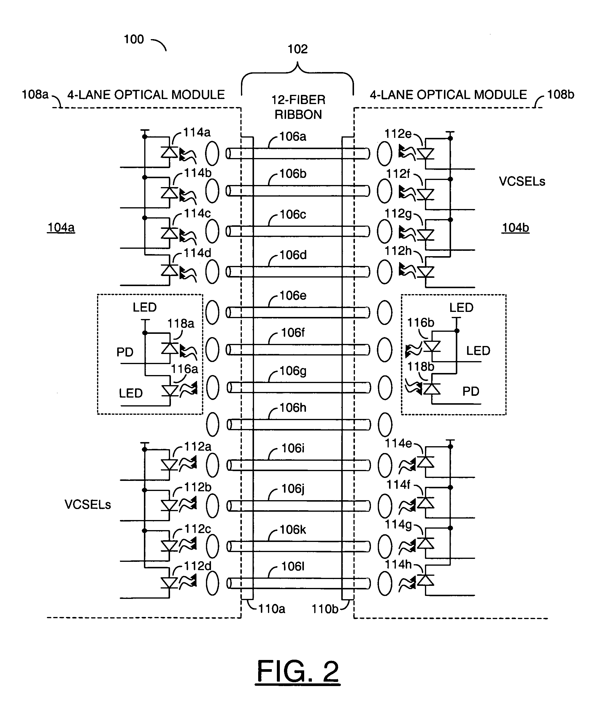 Out of band communications link for 4-lane optical modules using dark fibers and low-bandwidth LEDs