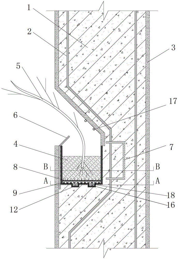 Long-rooted plant planting structure in bearing wall at top of building and construction method