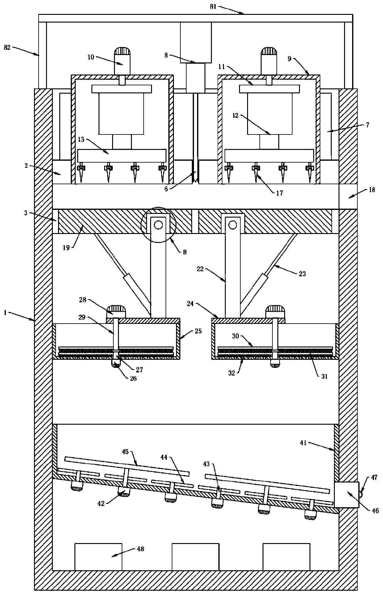 Rotary-type meat stuffing mashing device with uniform pickling function