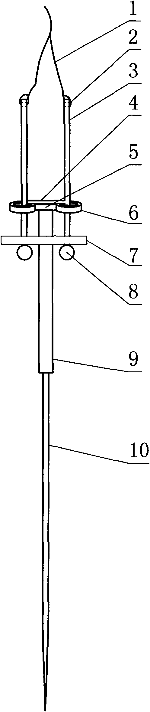 Fork lock type magnetoelectric needle and holder