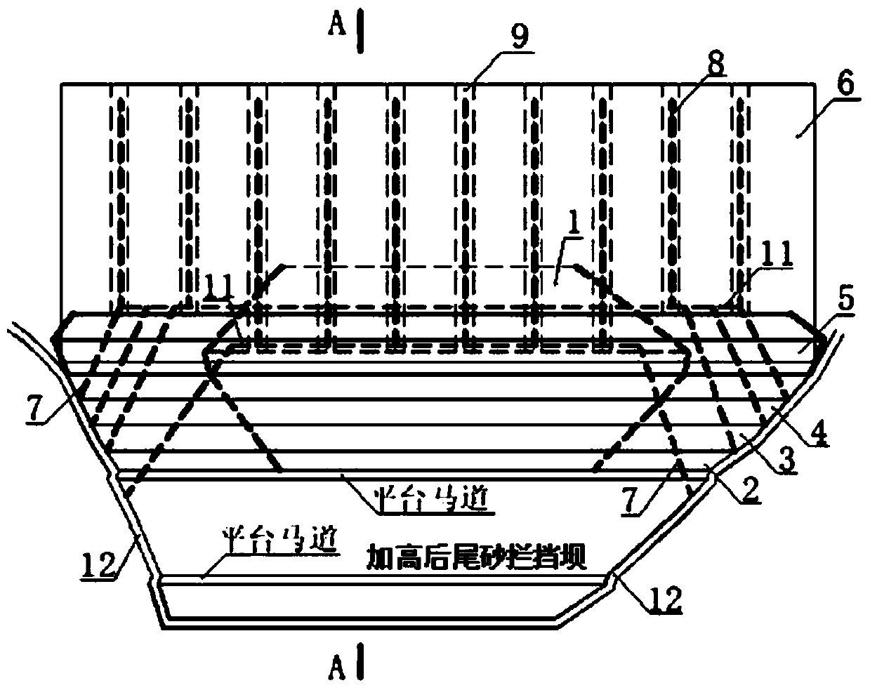 Superfine particle tailing reservoir heightening and capacity expanding stacking-discharging structure capable of achieving one-time dam building by adopting center line method