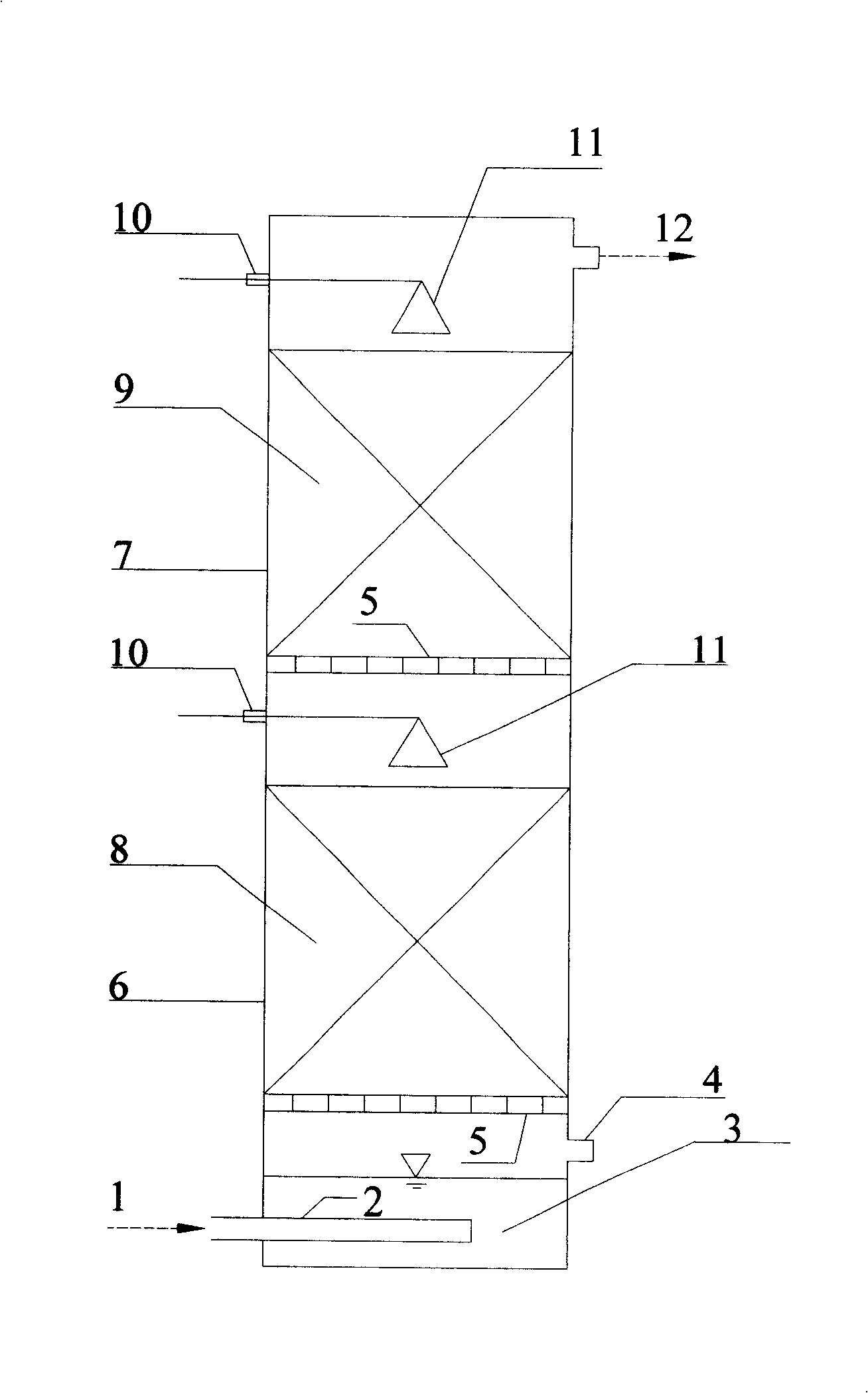 Double reaction area integral waste gases biodecontamination reactor and waste gas treatment method thereby