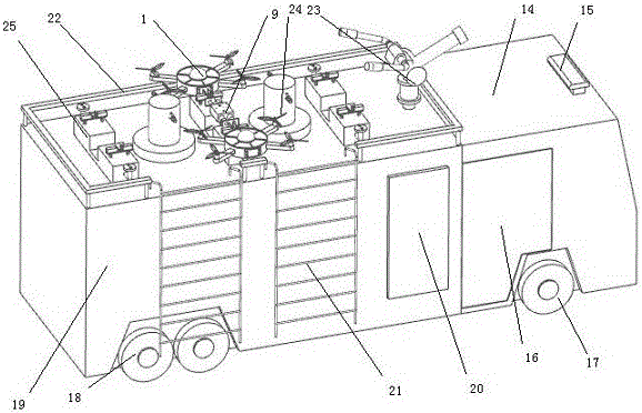 Double-body unmanned aerial vehicle for fire control and firefighting truck for unmanned aerial vehicle