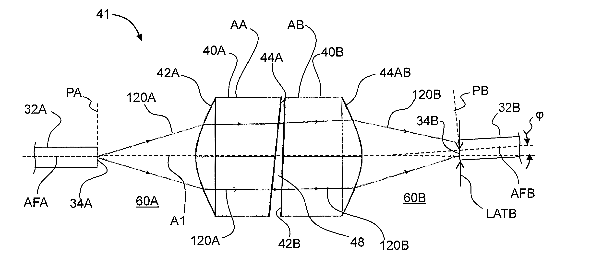 Optical connector with lenses having opposing angled planar surfaces