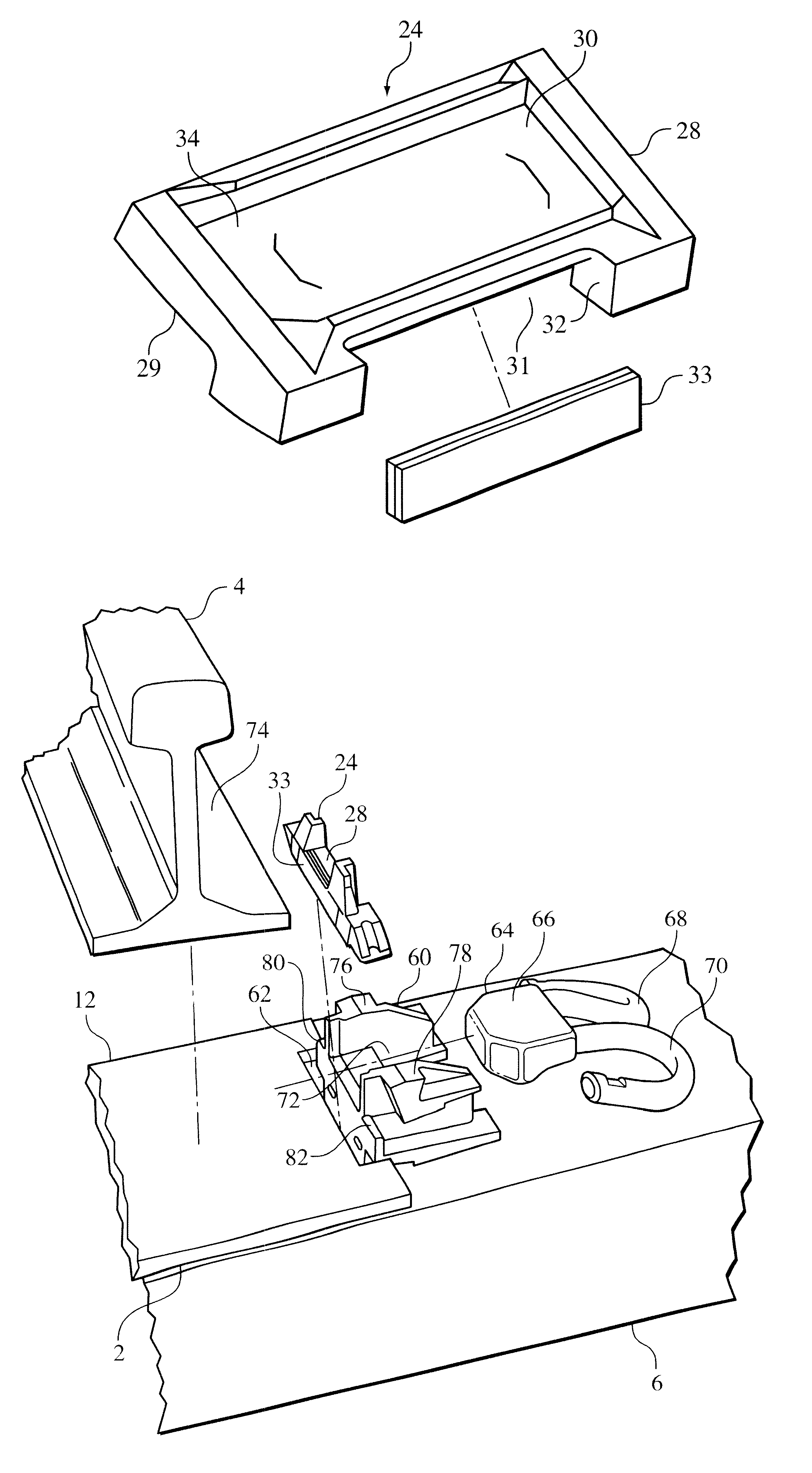 Concrete railroad tie two-piece insulator spacer and fastening system