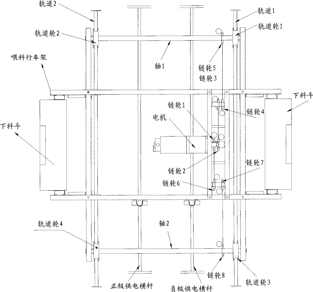 Self-propelled travelling-crane feeding system for H shaped cage system