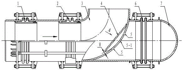 Shock absorption and noise reduction curved pipe pressure balancing type expansion joint