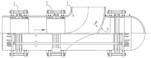 Shock absorption and noise reduction curved pipe pressure balancing type expansion joint