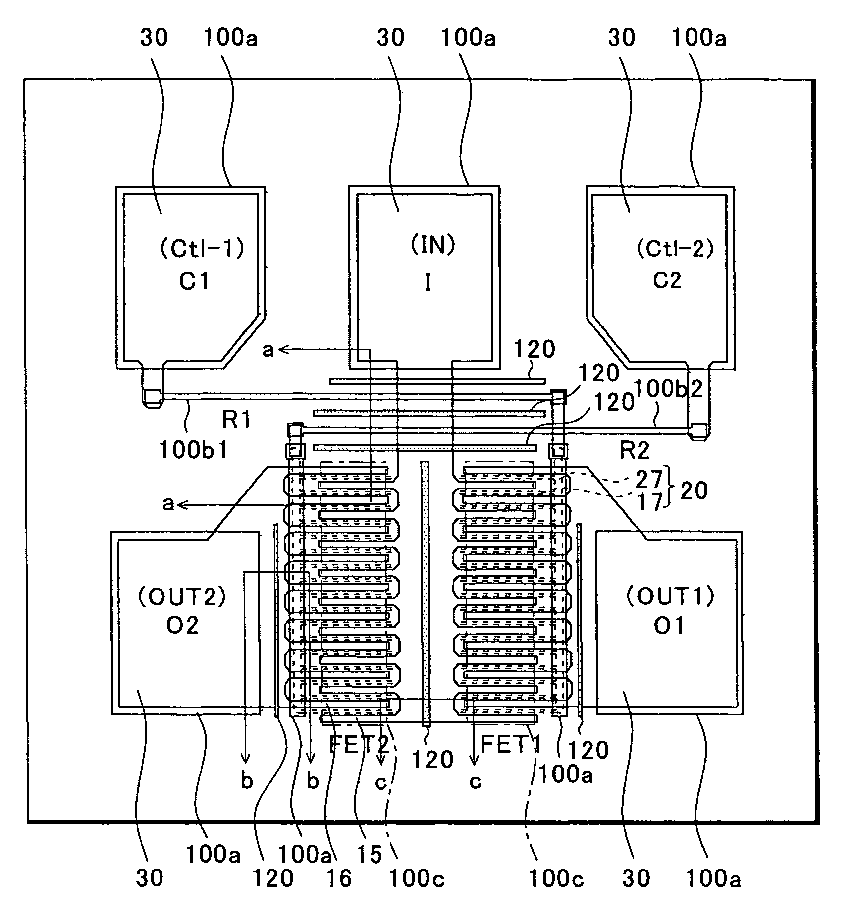 Semiconductor device with floating conducting region placed between device elements