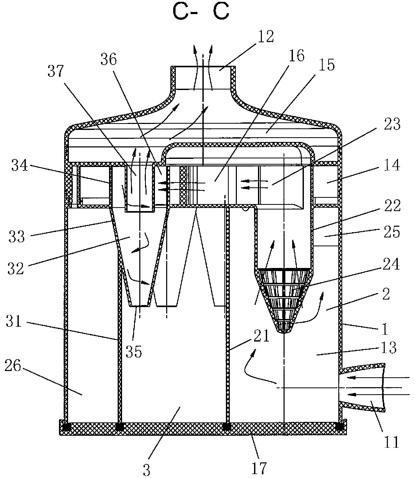 Cyclonic separation device for vacuum cleaner