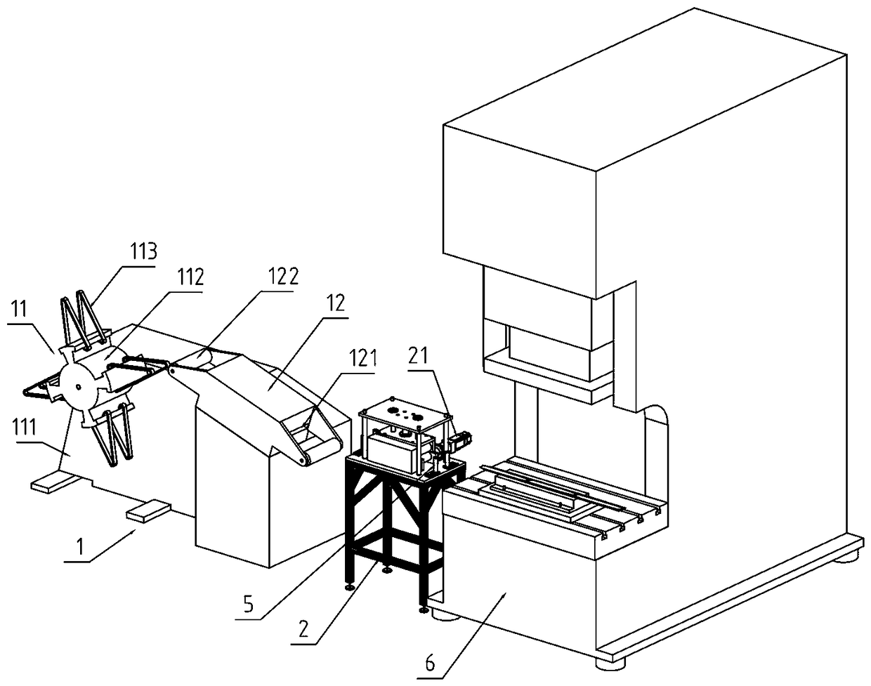 A guide plate coil material fixed-length feeding device