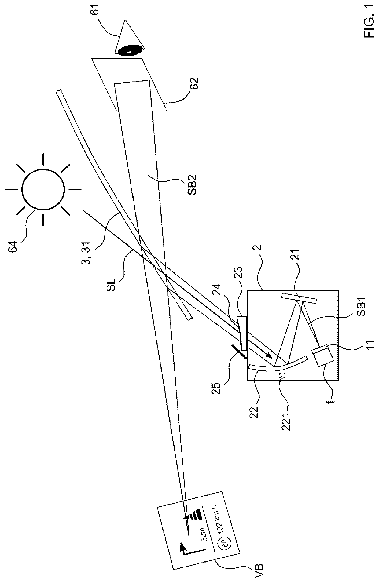 Device for producing a virtual image having a field-point-dependent aperture