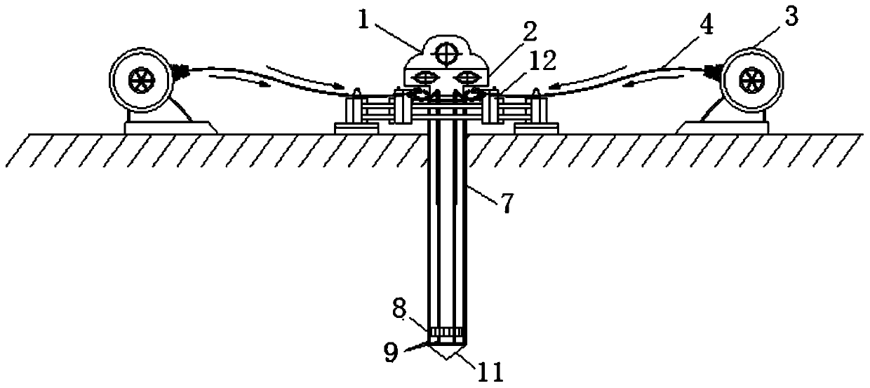 Deviation correction device for tube-sinking cast-in-situ pile and use method thereof