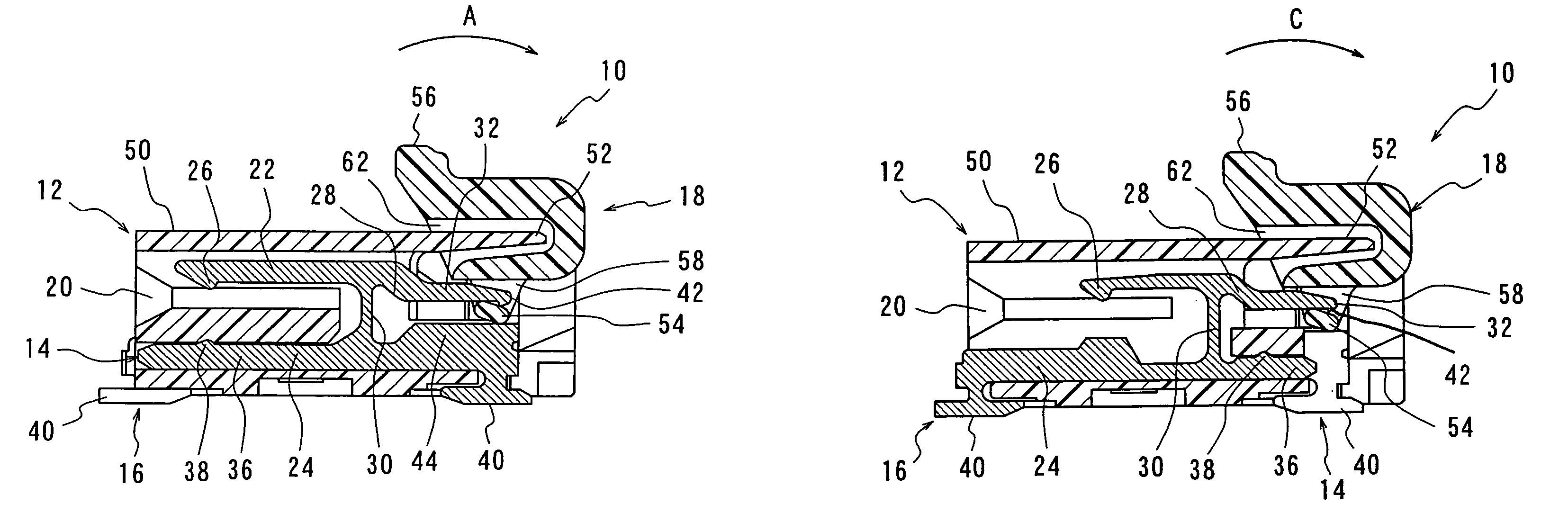 Connector having a pivoting member with enhanced dust proofing