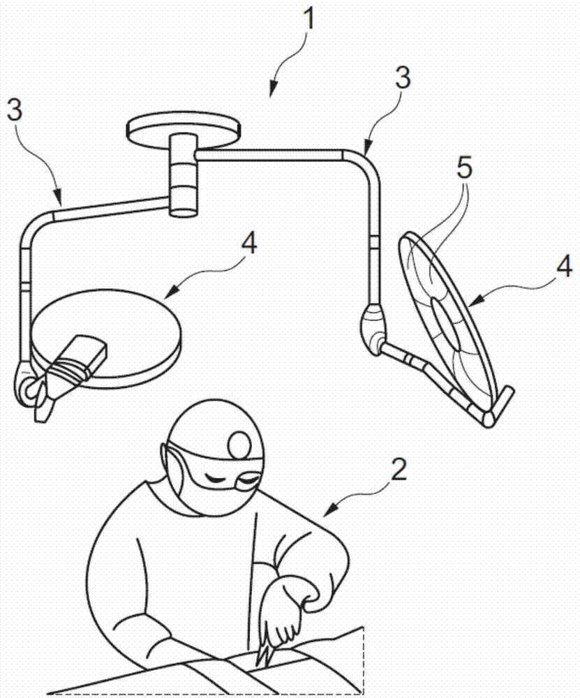 LED lighting device for an operating field comprising a light beam divider