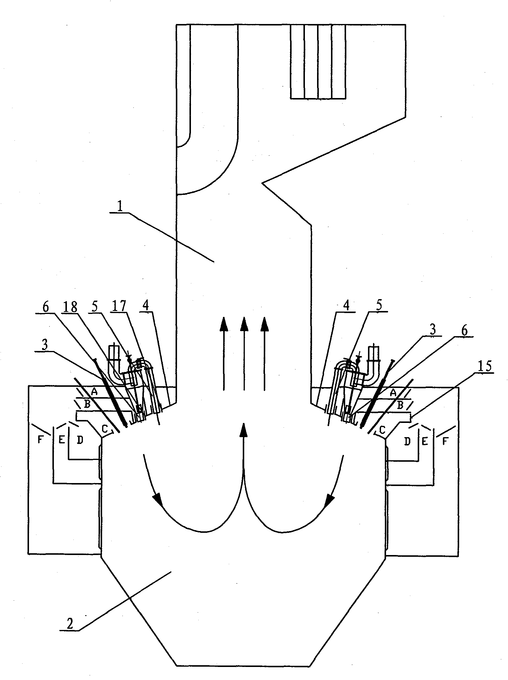 Method for adjusting combustion of W flame furnace by changing quantity of oil secondary air