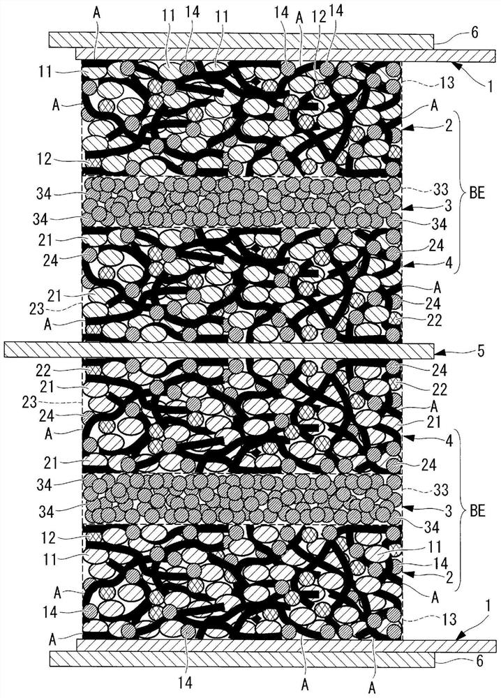 Electrode of power storage device using solid electrolyte, power storage device, and production method for positive electrode layer or negative electrode layer of power storage device