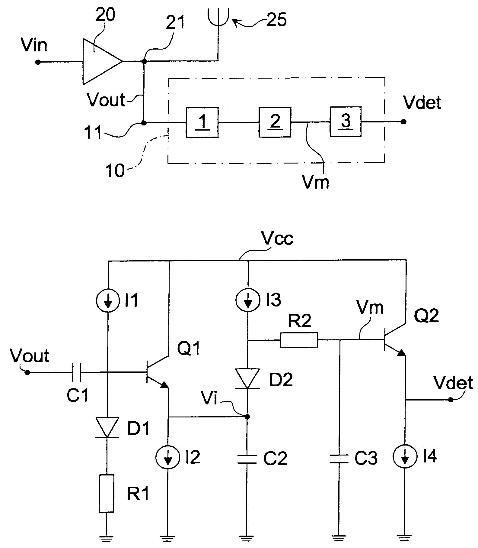 Device for detecting the power of a signal and integrated circuit with amplifier and related power detection device