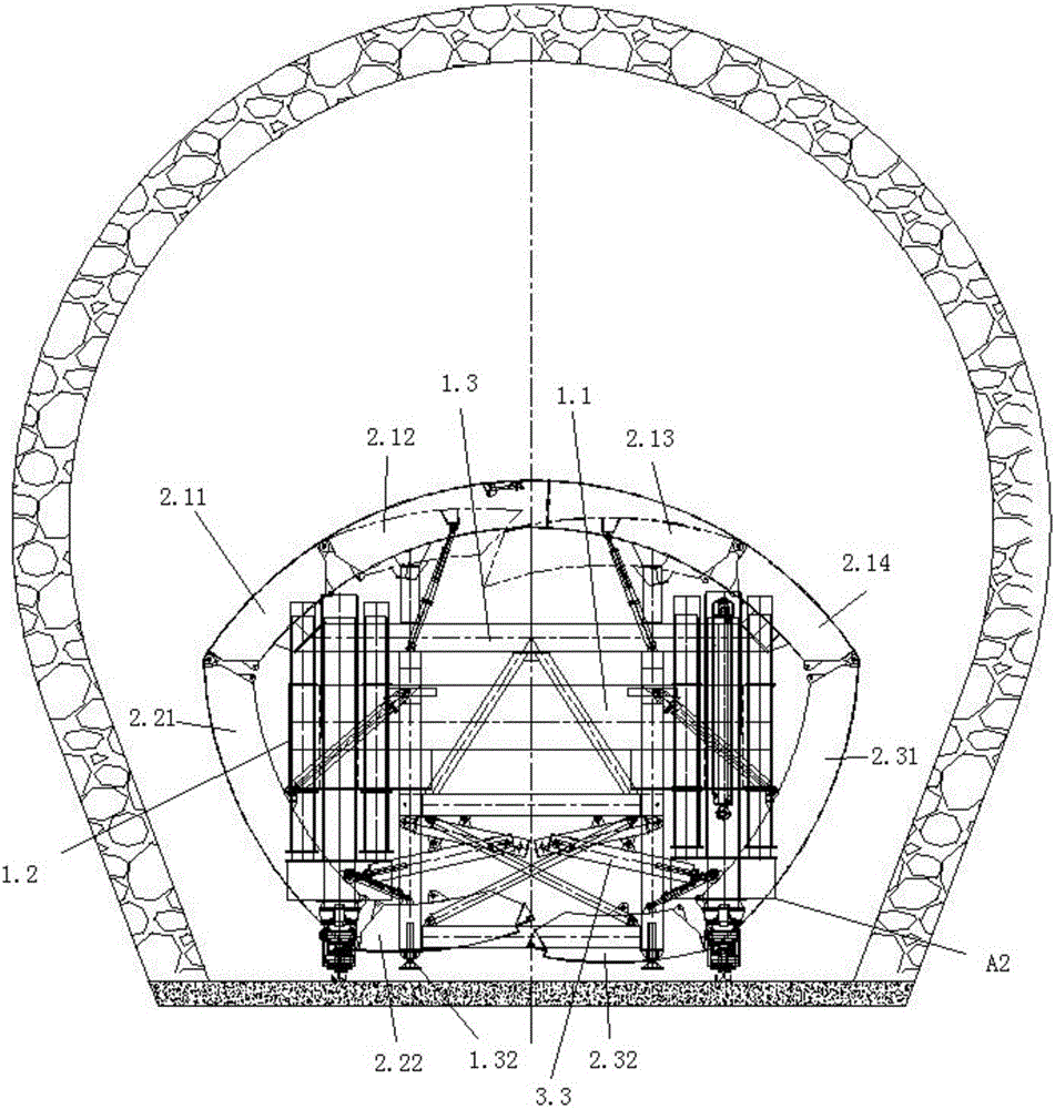 Section-variable tunnel-crossing lining trolley