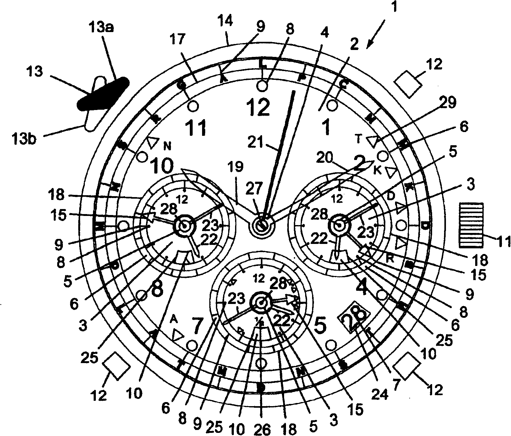 Operation unit of clock and watch regulation device and clock and watch integrally assembled with said unit