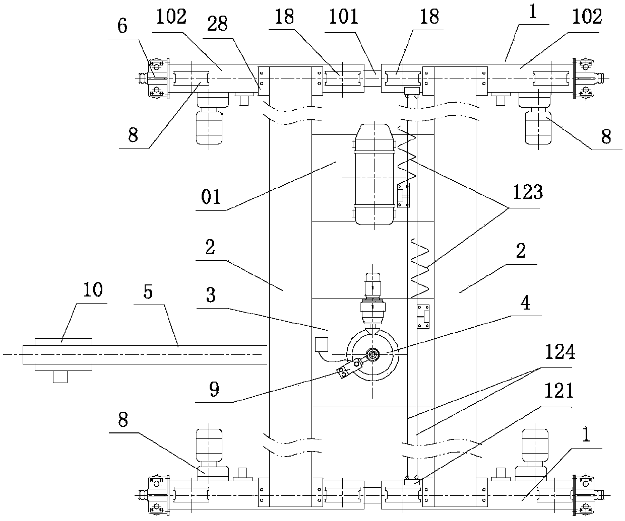 Cantilever crane with lifting trolley, suspension trolley and balancing end beams