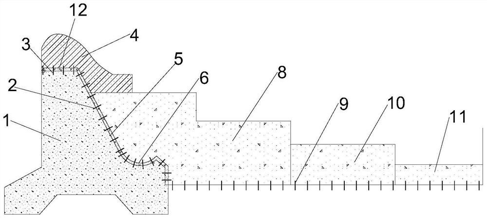 Rubble concrete barrage reinforcing structure and construction method