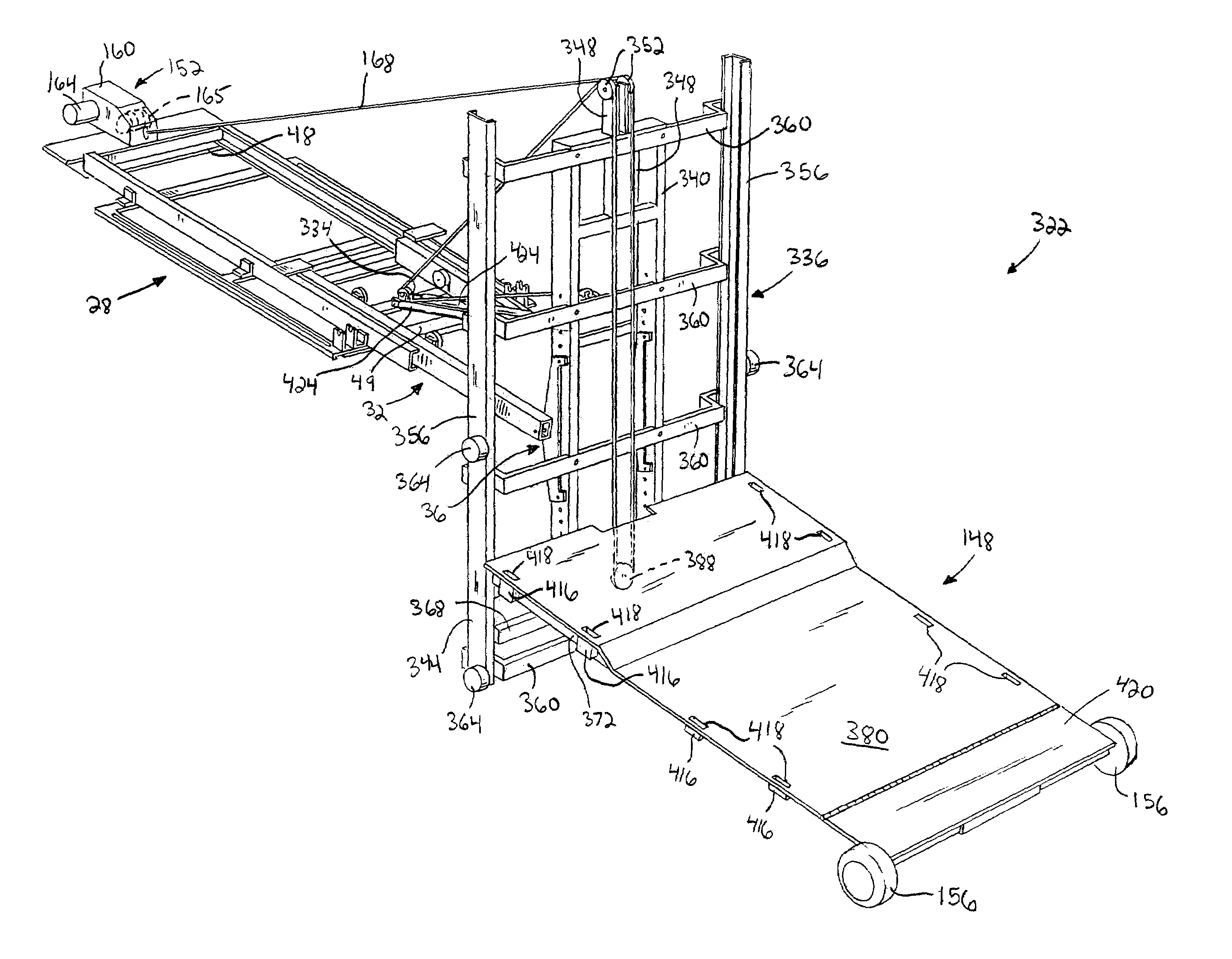 Dumping and transporting accessory having a telescoping lift with a pivot mounted trolley