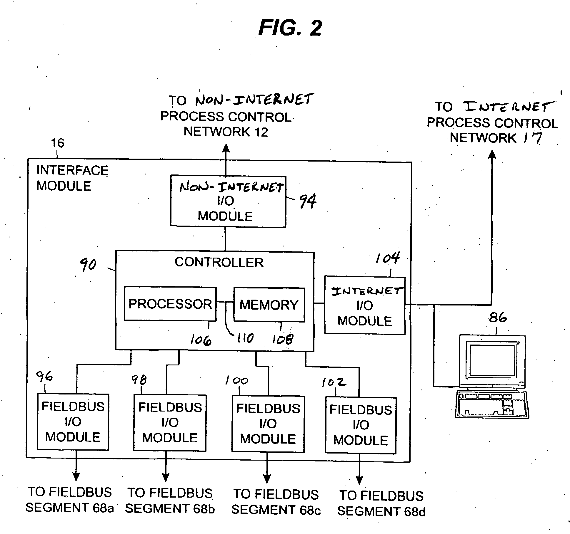 Interface module for use with a fieldbus device network and with internet and non-internet based process control networks