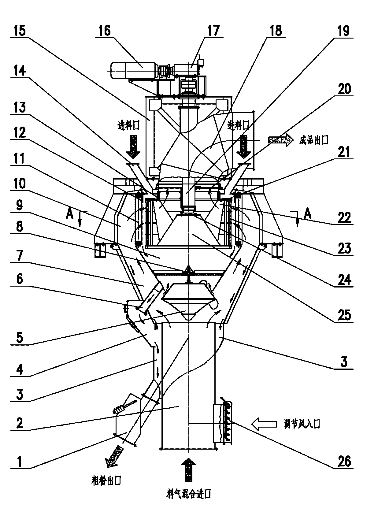 Up feeding and down feeding double-grading type high-efficient powder concentrator