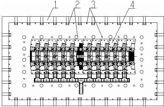 Waste heat water toughening method and device for multi-mold assemblage casted high manganese steel casting