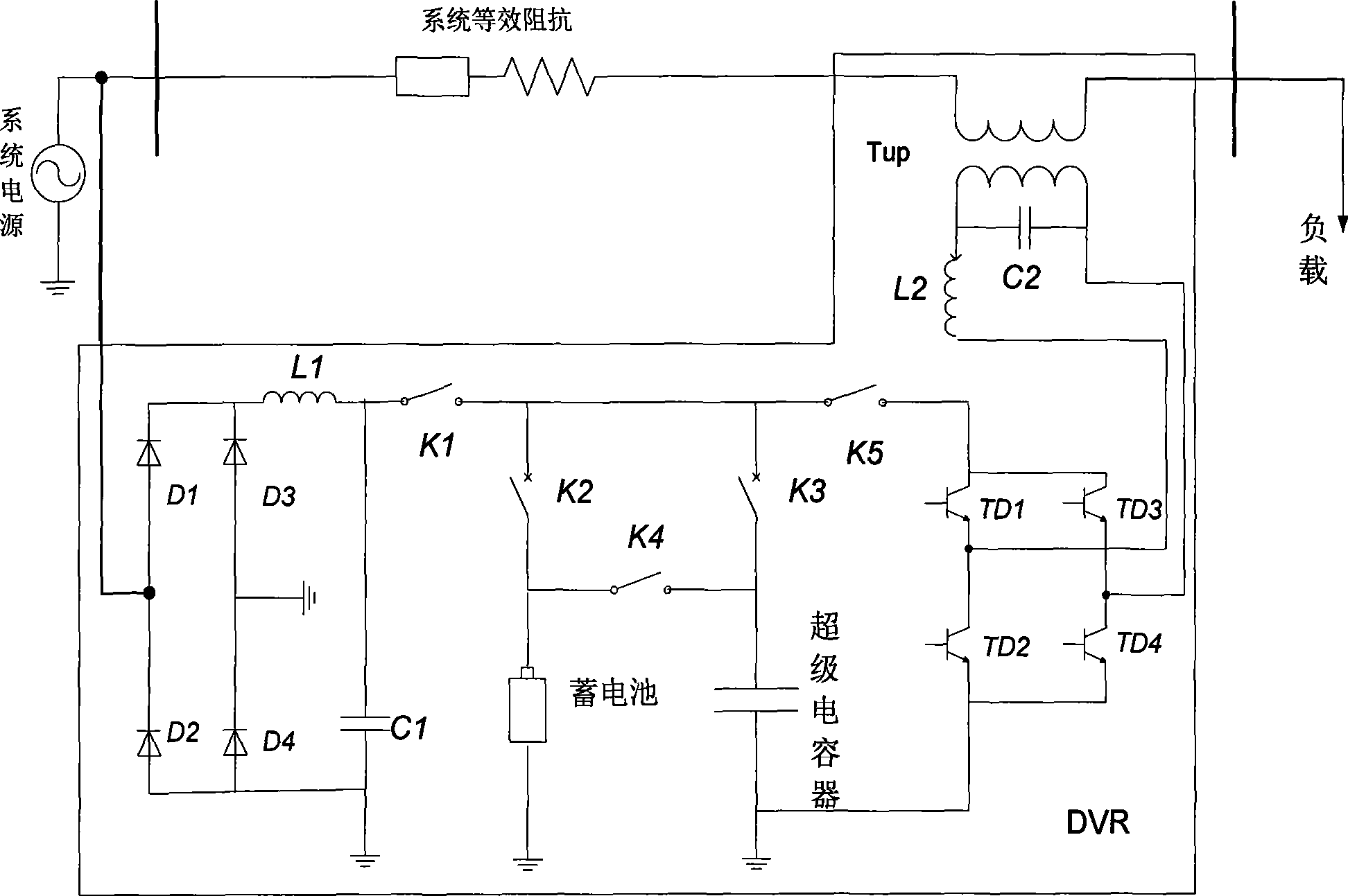 Super capacitor and accumulator hybrid energy-storing series type dynamic voltage restorer