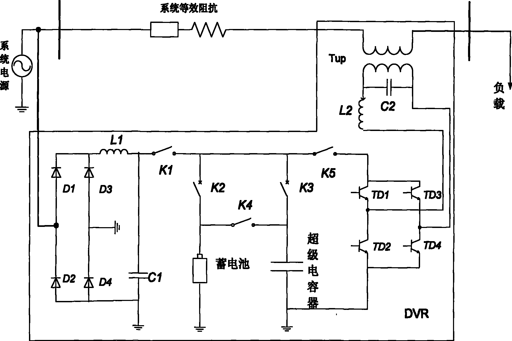 Super capacitor and accumulator hybrid energy-storing series type dynamic voltage restorer