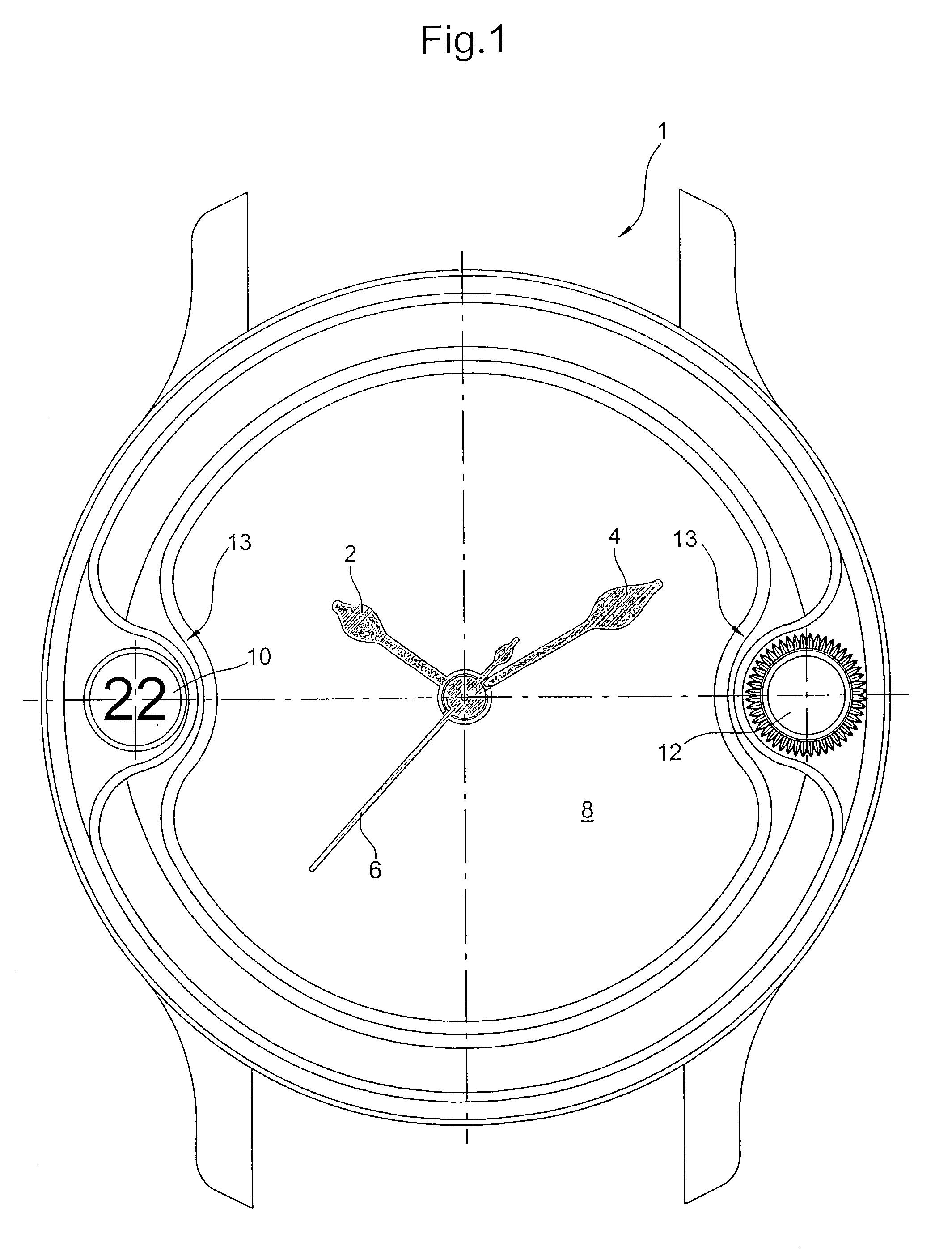 Device for winding and setting the time of a timepiece such as a date-watch including a date disc