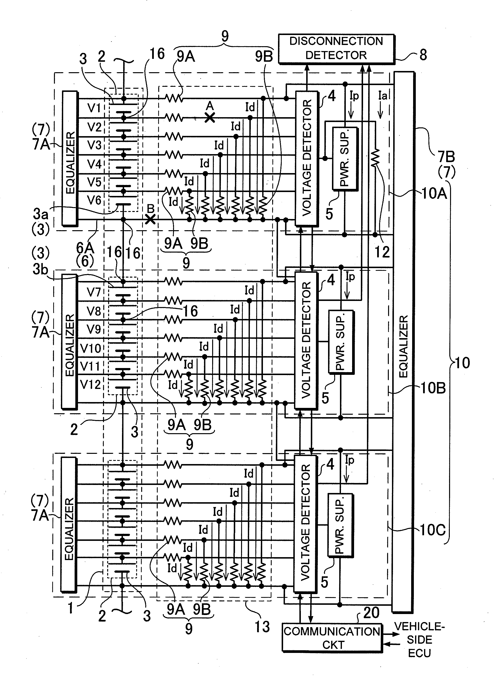 Power supply device for detecting disconnection of voltage detection lines