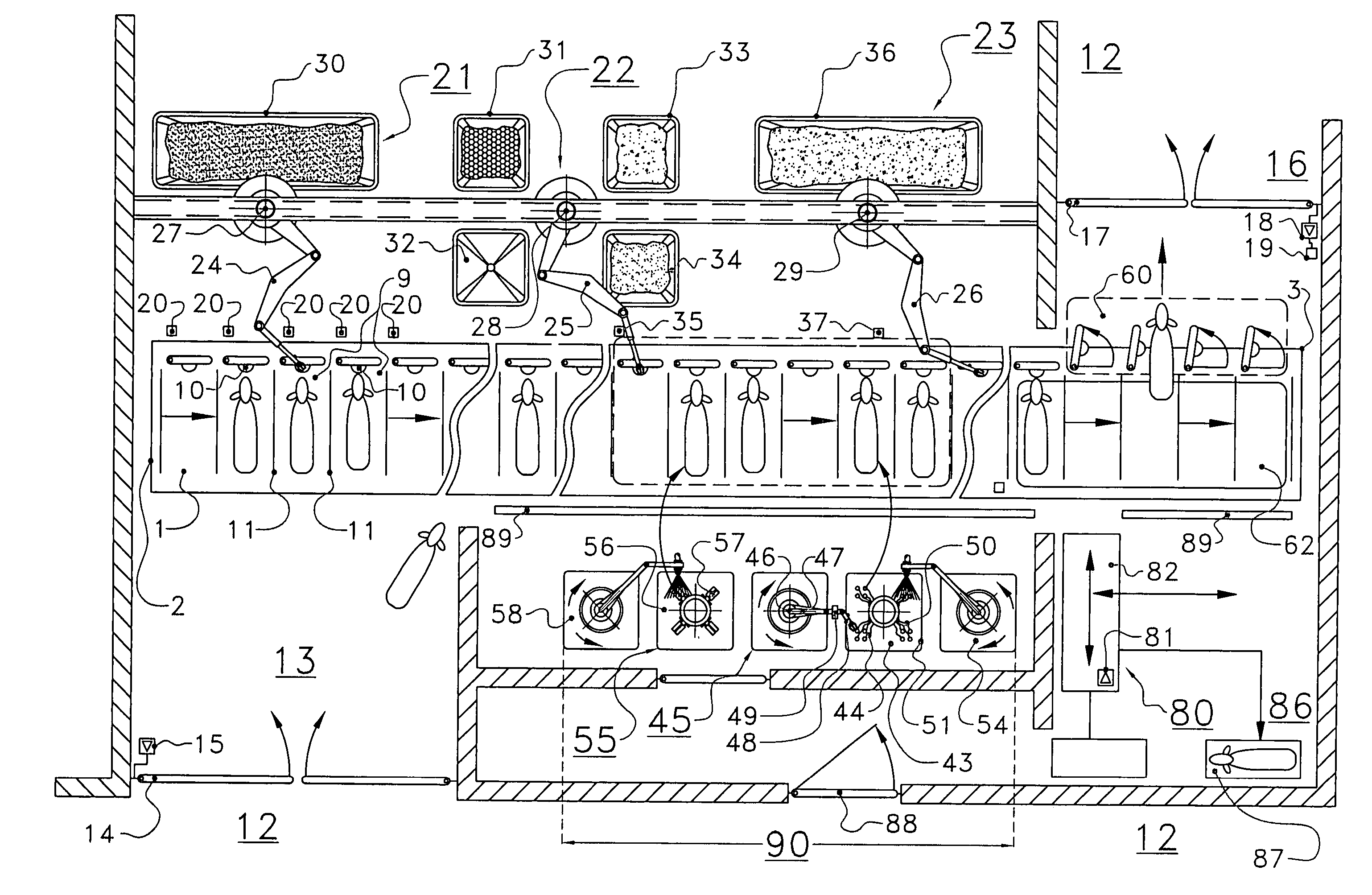 Assembly for and a method of feeding and milking animals, a feed platform, a milking pre-treatment device, a milking post-treatment device, a cleaning device, a separation device and a milking system all suitable for use in such an assembly