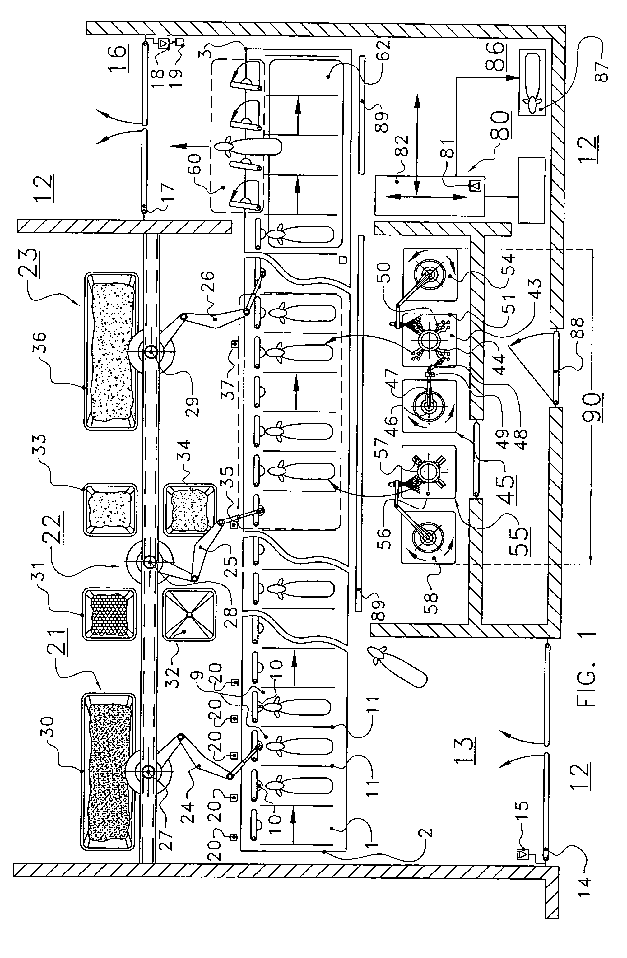 Assembly for and a method of feeding and milking animals, a feed platform, a milking pre-treatment device, a milking post-treatment device, a cleaning device, a separation device and a milking system all suitable for use in such an assembly