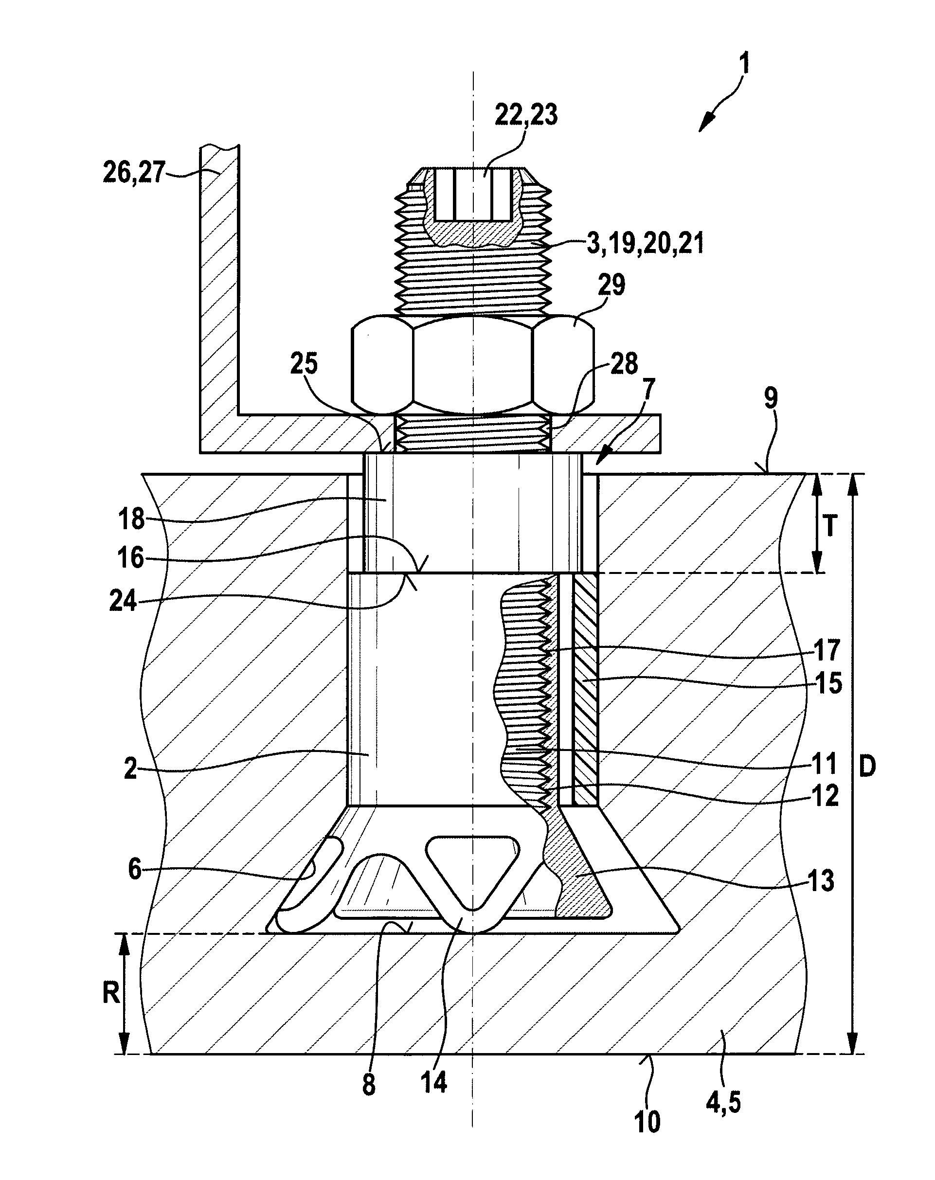 Combination having an anchor for panel-like components, and a fixing arrangement