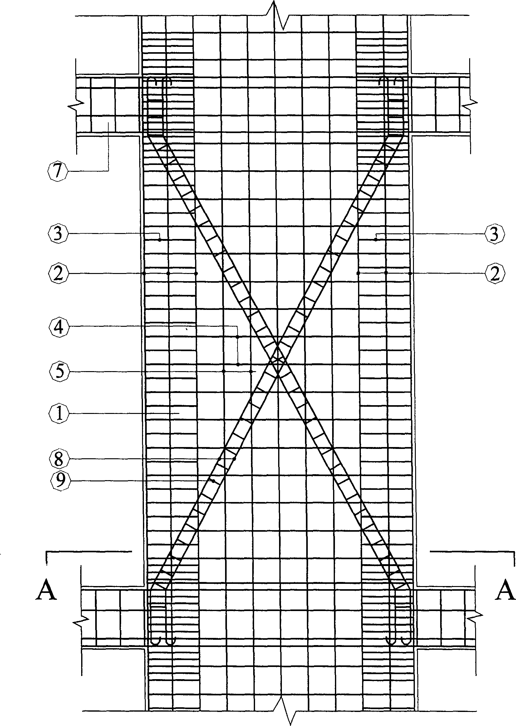 Profiled short-pier shear wall with rung steel bar support