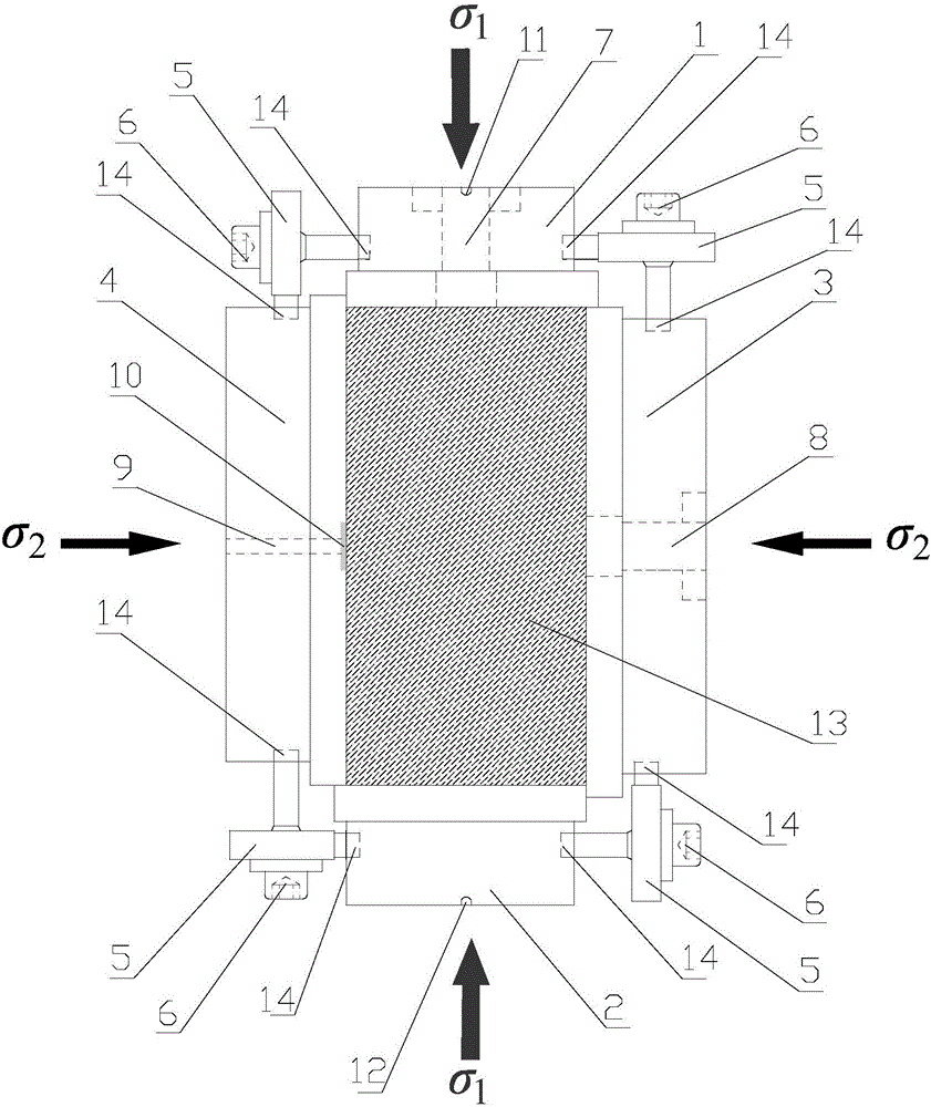 True triaxial test fixture for simulating power disturbance type rock burst