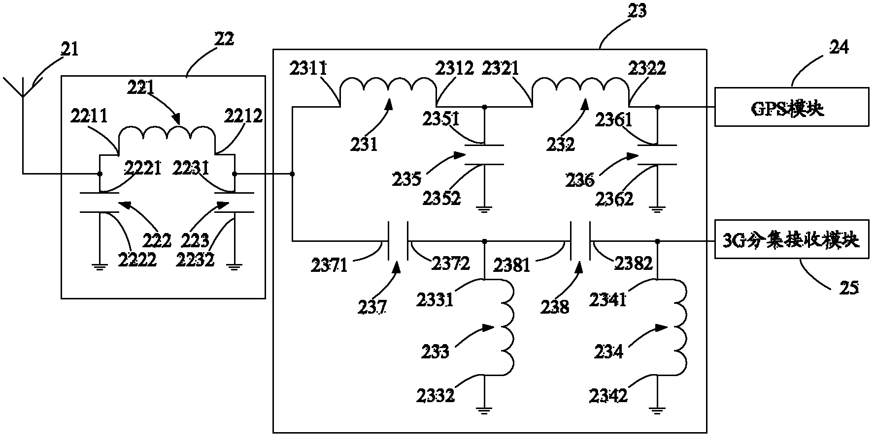 Mobile terminal and GPS and 3G single-antenna realizing device