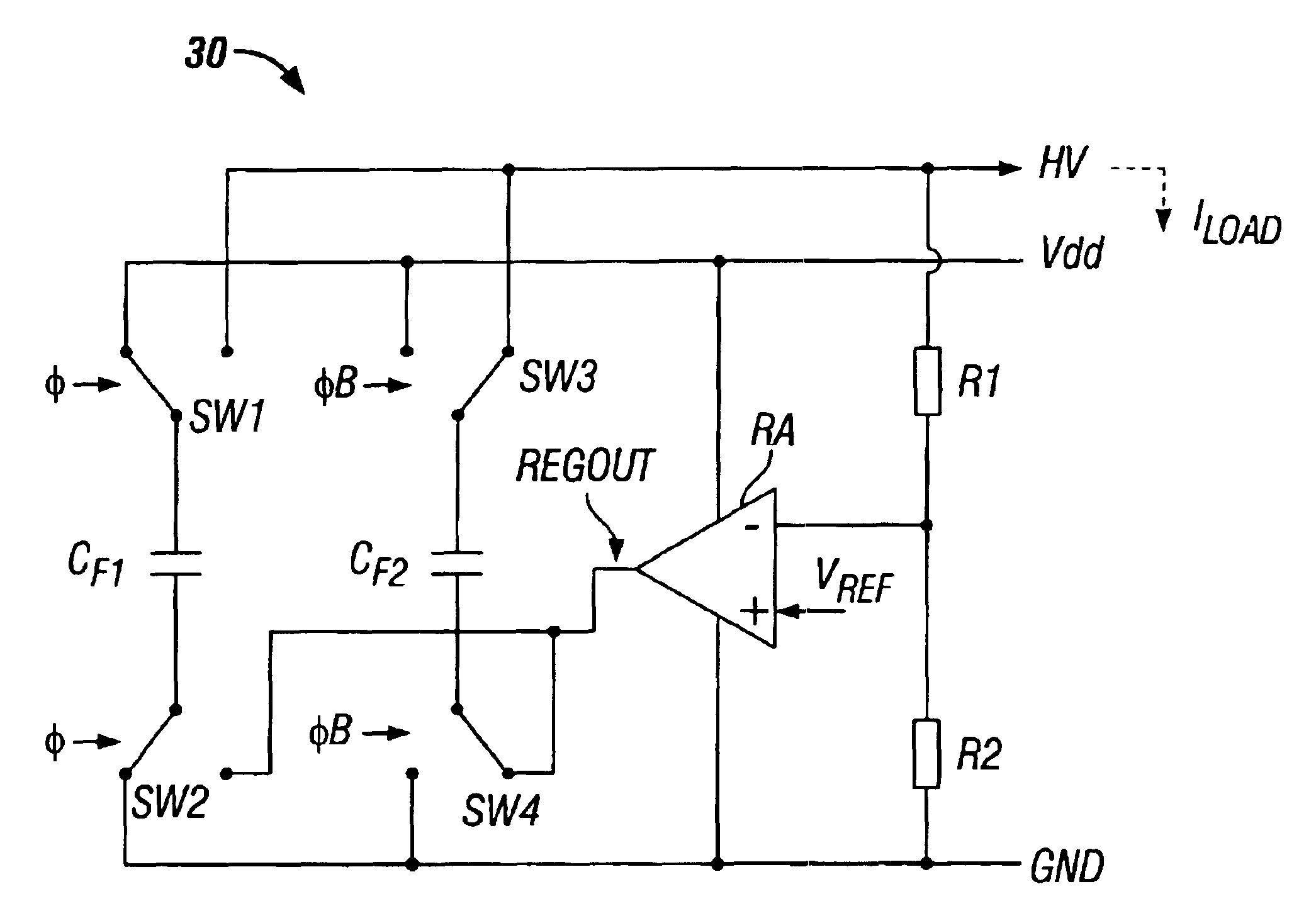 Continuous linear regulated zero dropout charge pump with high efficiency load predictive clocking scheme