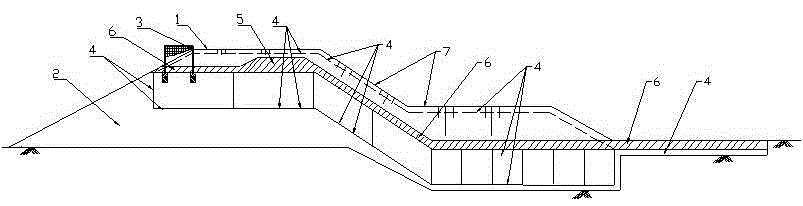 Multi-stage self-bursting geosynthetic material earth-rockfill emergency spillway