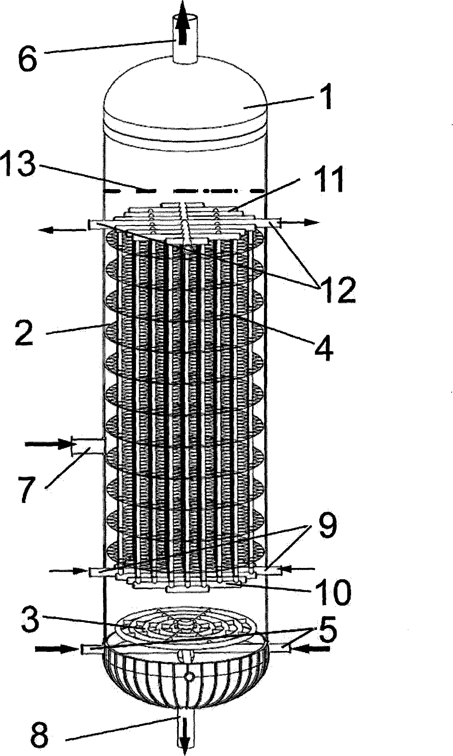 Method and device for improving flow character of gas liquid bubble column with row tubes