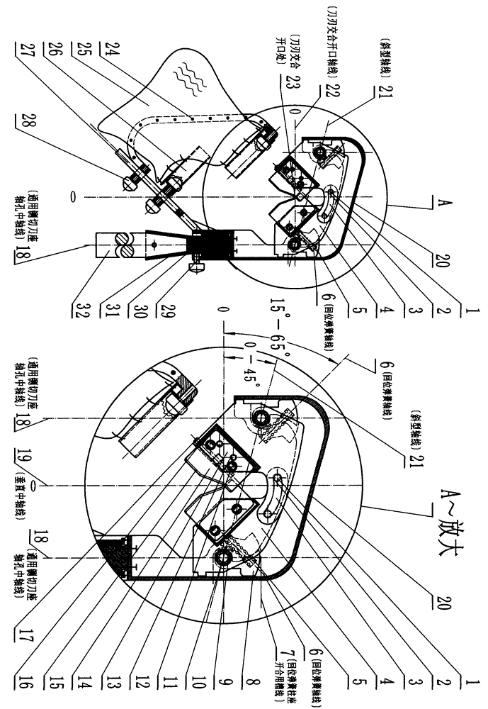 High-branch fruit automatic cutting and pulling harvester having slant axis and capable of returning to cylindrical cutting tool apron